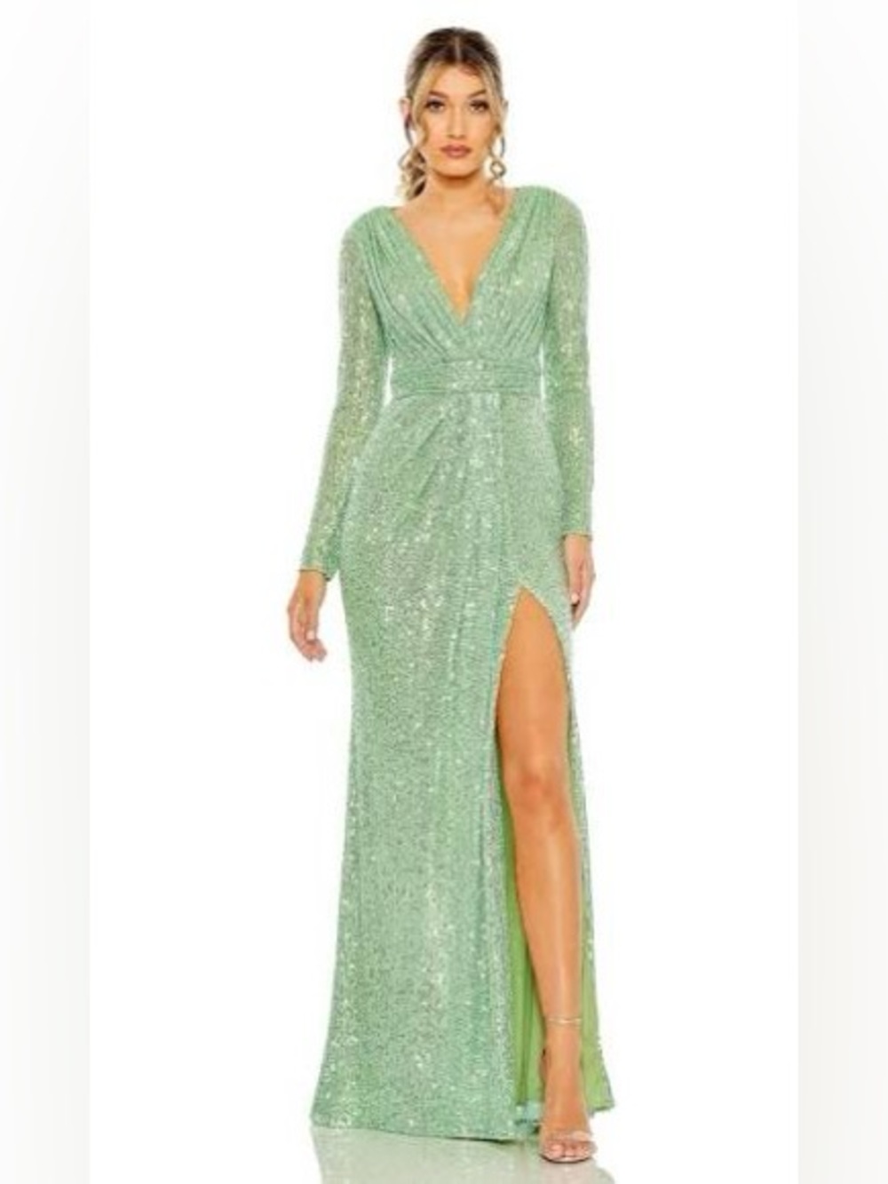 Mac Duggal 26490 NWT Light Green Sequined Long Sleeve Gown